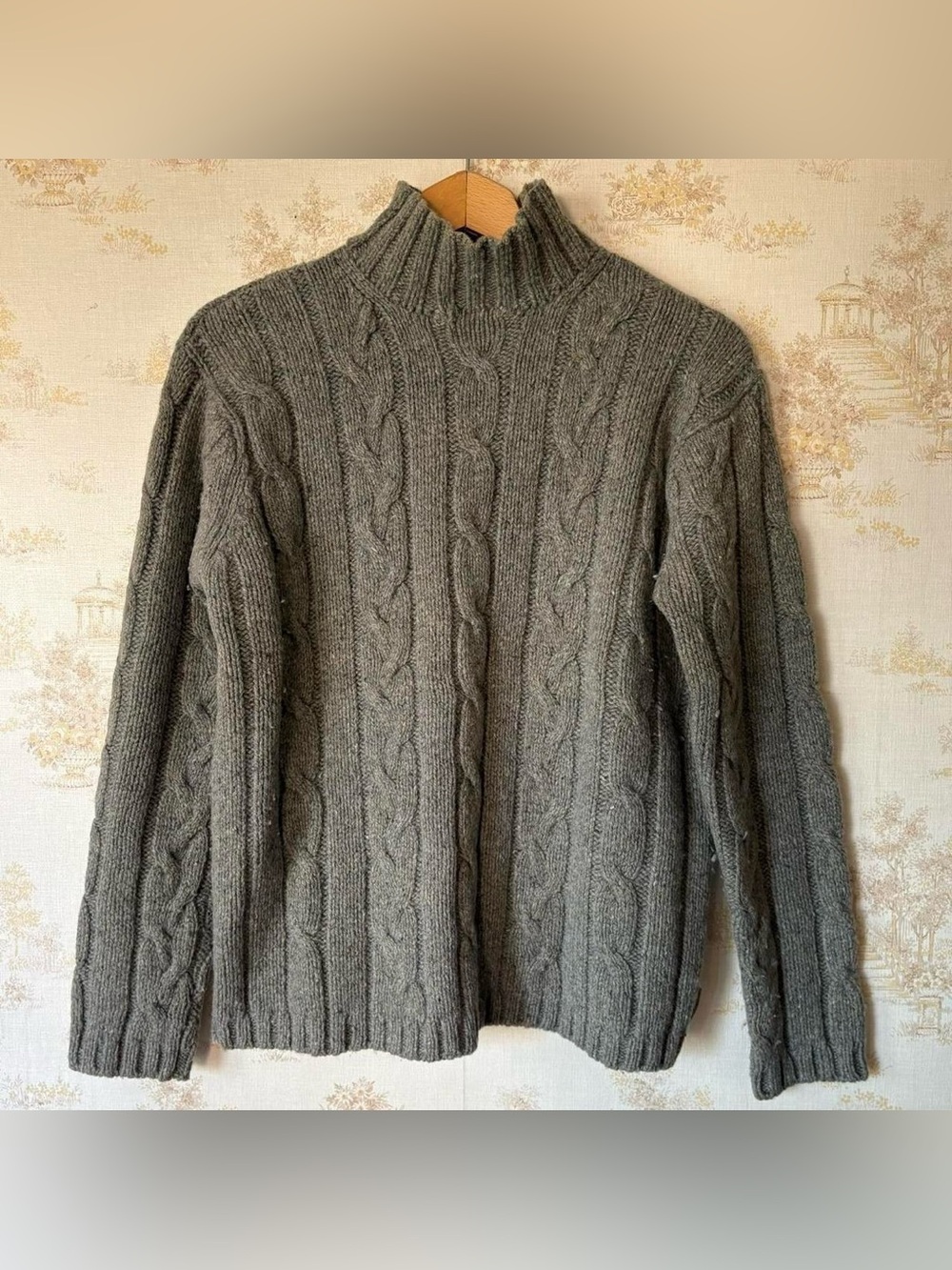 Vintage 90s y2k American Eagle Gray Lambswool Donegal Cable Sweater Mock Neck